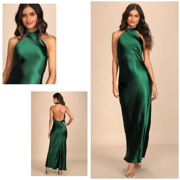 Lulus Love in Your Life Dress Women's M Emerald Green Maxi Satin Halter NWT - Picture 1 of 11